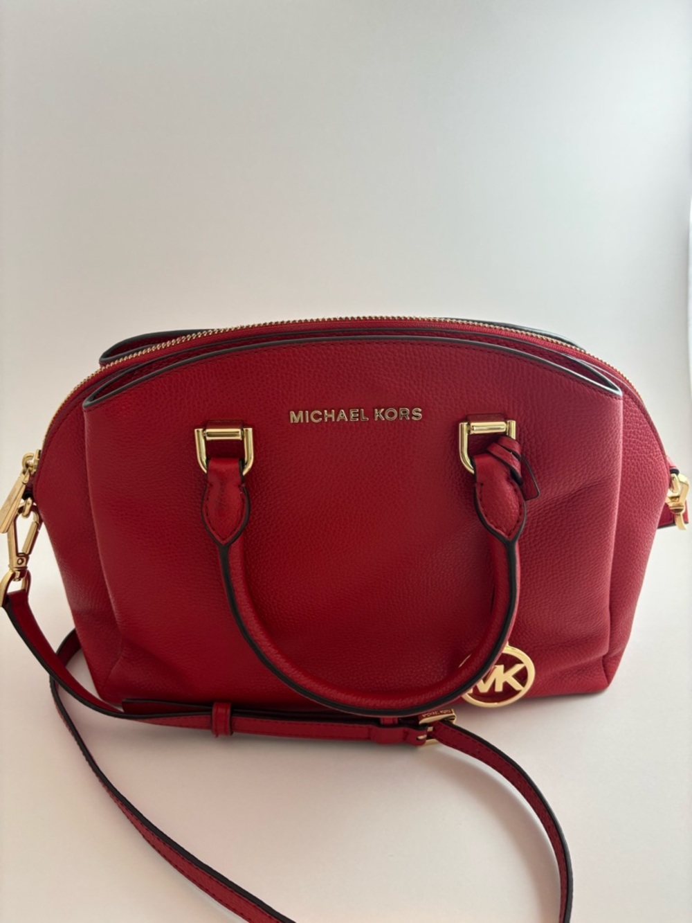 Michael Kors Red Pebble Leather Dome Satchel with Gold Hardware